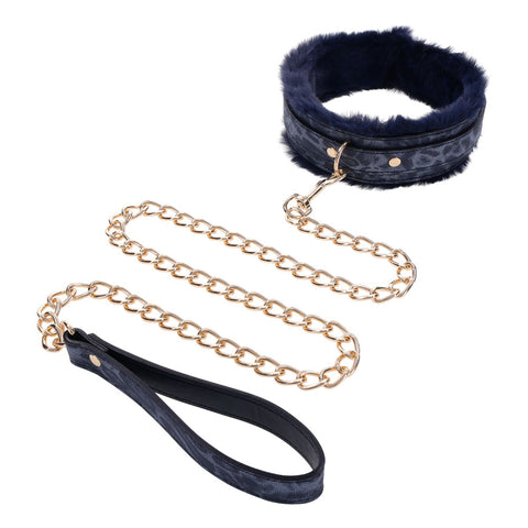 Sex & Mischief Cougar Fur Collar and Leash Set Navy and Gold Furry Restraint with Adjustable Collar and Chain Leash Blue > Bondage Gear > Restraints