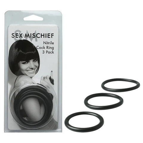 Sex and Mischief Nitrile Cock Ring Set 3 Pack for Enhanced Pleasure Black COCK RING Set