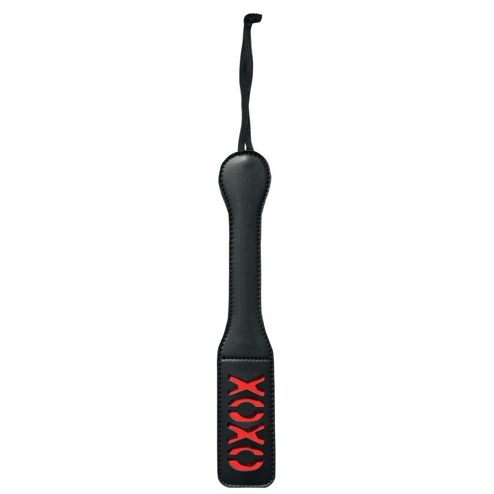 Sex & Mischief XOXO Black Vinyl Paddle with Red Cheeky Design, 30 cm Length, Includes matching Wrist Strap > Bondage Gear > Paddles