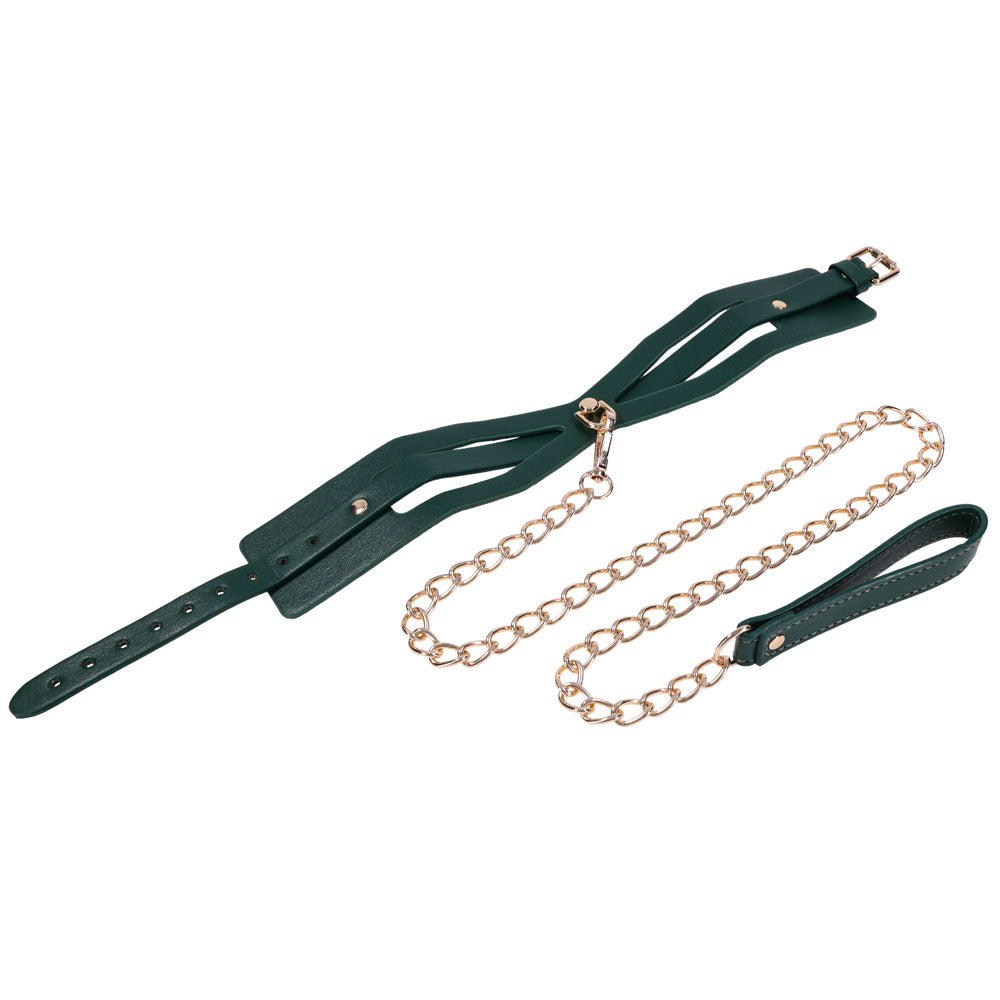 Sex & Mischief Indica Cutout Collar and Leash (Emerald Green/Gold) – Luxury Restraint Set > Bondage Gear > Collars & Leashes