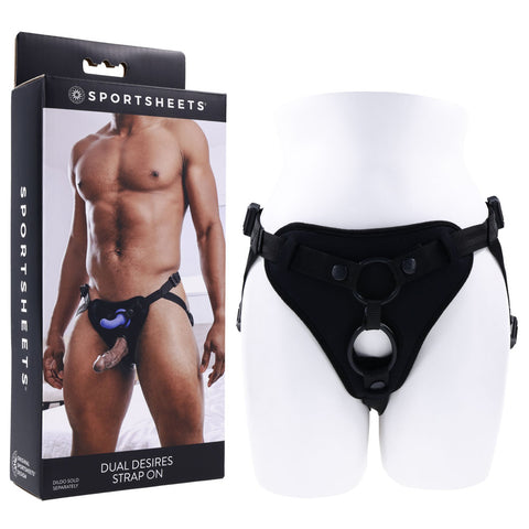 SPORTSHEETS Dual Desires Strap On 4 Way Adjustable Harness Black Harnesses & Strap-Ons