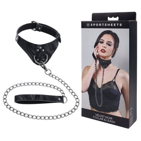 Sportsheets Velvet Noir Collar and Leash with Removable Chain and Faux Leather Handle - Elegant Restraint and Leash for Adults Black > Bondage Gear > Collars