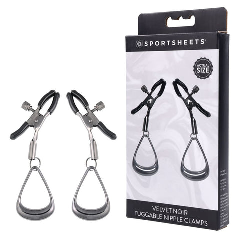 Sportsheets Velvet Noir Tuggable Nipple Clamps with Gunmetal Finish and Adjustable Restraints Silver Nipple Stimulators