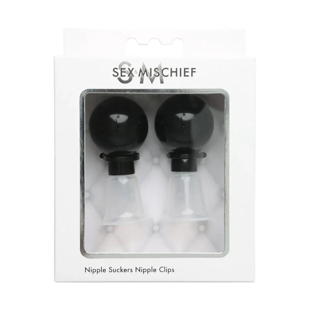 Sex & Mischief Nipple Suckers Set of Two with Black Suction Cups and Clear Nipple Clips Black Nipple Stimulators