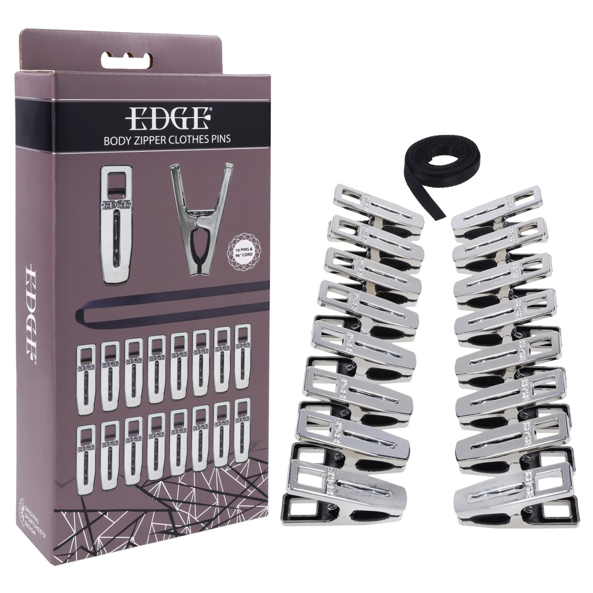Edge Body Zipper Clothes Pins – Set of 16 Sensation Clamps with Cord Chrome > Sex Toys > Nipple Clips Main image