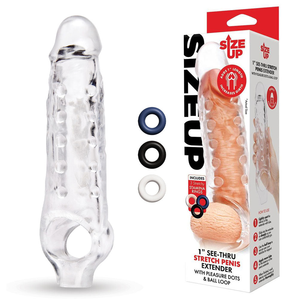 Size Up 1 Inch See Thru Stretch Penis Extender Clear Clear > Sex Toys For Men > Penis Sleeves