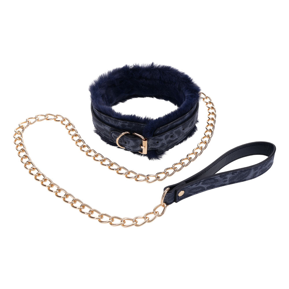 Sex & Mischief Cougar Fur Collar and Leash Set Navy and Gold Furry Restraint with Adjustable Collar and Chain Leash > Bondage Gear > Restraints