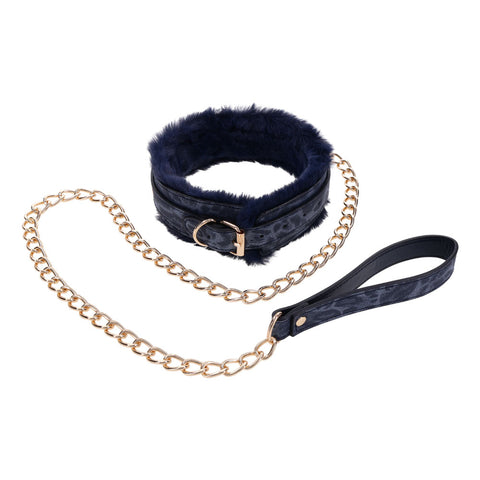 Sex & Mischief Cougar Fur Collar and Leash Set Navy and Gold Furry Restraint with Adjustable Collar and Chain Leash > Bondage Gear > Restraints