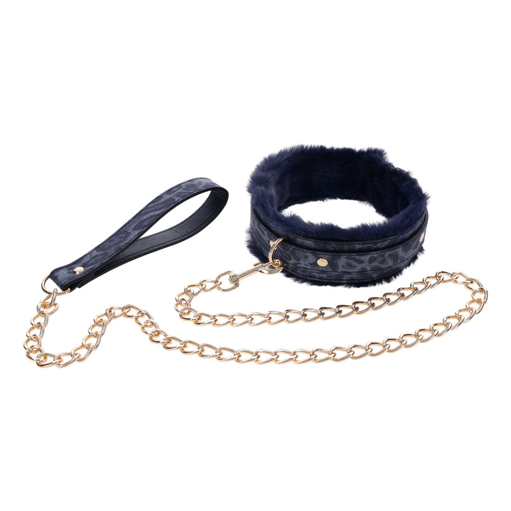 Sex & Mischief Cougar Fur Collar and Leash Set Navy and Gold Furry Restraint with Adjustable Collar and Chain Leash > Bondage Gear > Restraints