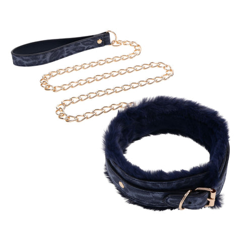 Sex & Mischief Cougar Fur Collar and Leash Set Navy and Gold Furry Restraint with Adjustable Collar and Chain Leash > Bondage Gear > Restraints