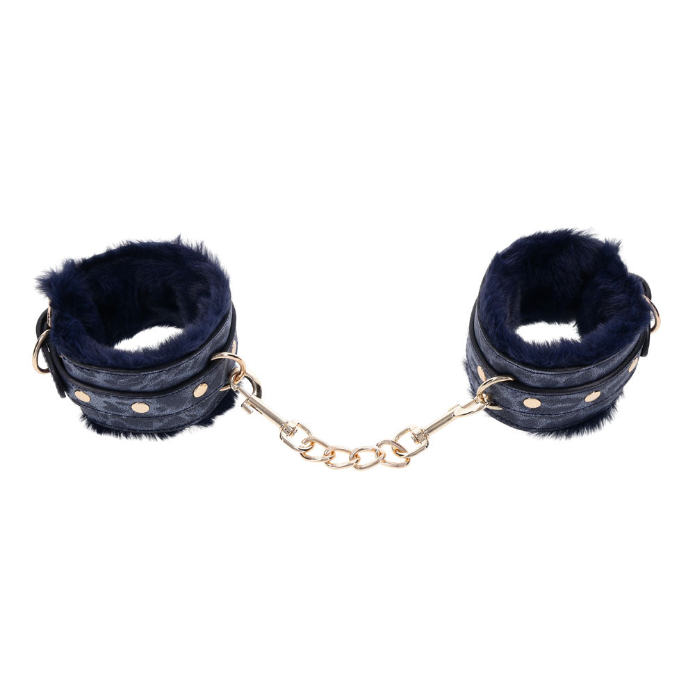 Sex and Mischief Navy and Gold Faux Fur Handcuffs with Adjustable Size and Chain Detailing Secondary image