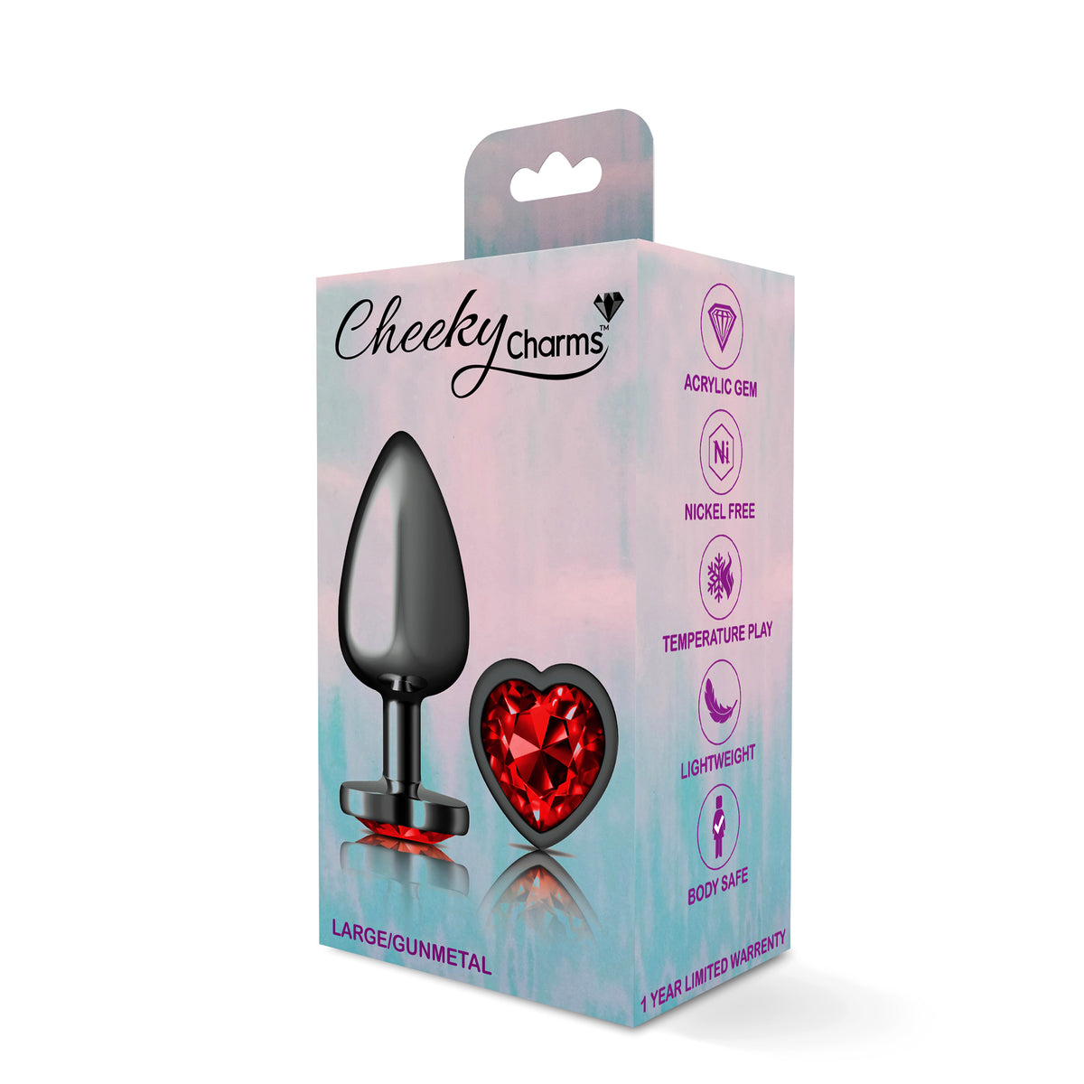 Cheeky Charms Gunmetal Butt Plug with Heart Red Jewel Large > Anal Range > Jewel Butt Plugs