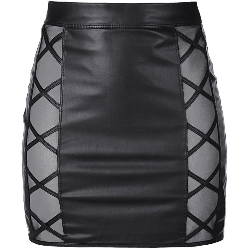 Stretch Wetlook Mesh Skirt with Criss Cross Detail Black Dresses