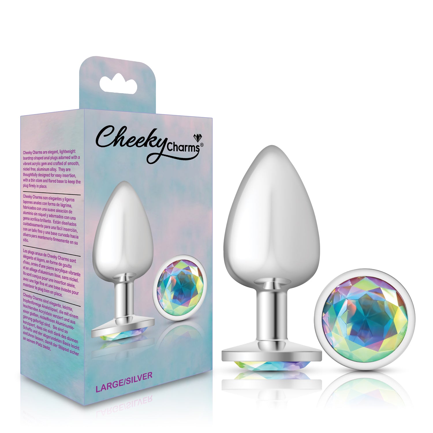 Cheeky Charms Silver Round Butt Plug with Clear Iridescent Jewel Large > Anal Range > Jewel Butt Plugs