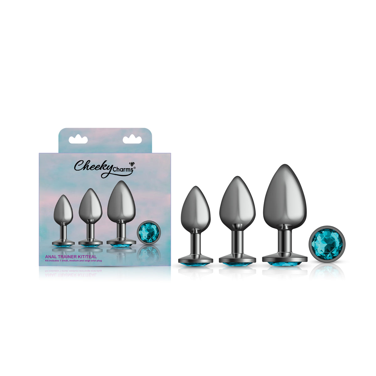 Cheeky Charms Round Metal Butt Plug Gunmetal Three Piece Kit with Teal Jewel > Anal Range > Butt Plug Kits