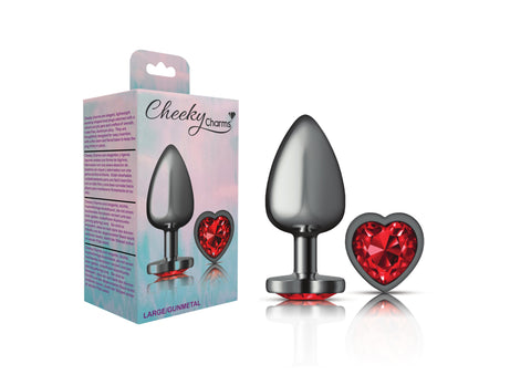 Cheeky Charms Gunmetal Butt Plug with Heart Red Jewel Large Red > Anal Range > Jewel Butt Plugs