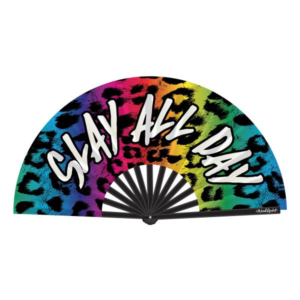 Slay All Day (Rainbow Leopard Print) Large Folding Hand Fan – Glossy Bamboo and Satin Fan > Clothes > Accessories