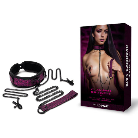WhipSmart Dragons Lair Collar Leash and Nipple Clips Set Purple BONDAGE-TOYS