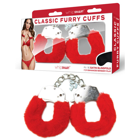 WhipSmart Classic Furry Cuffs – Luxurious Faux Fur Comfort Red Restraints