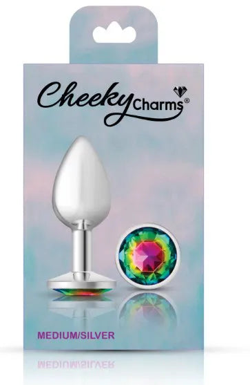 Cheeky Charms Silver Round Butt Plug with Rainbow Jewel Medium > Anal Range > Jewel Butt Plugs