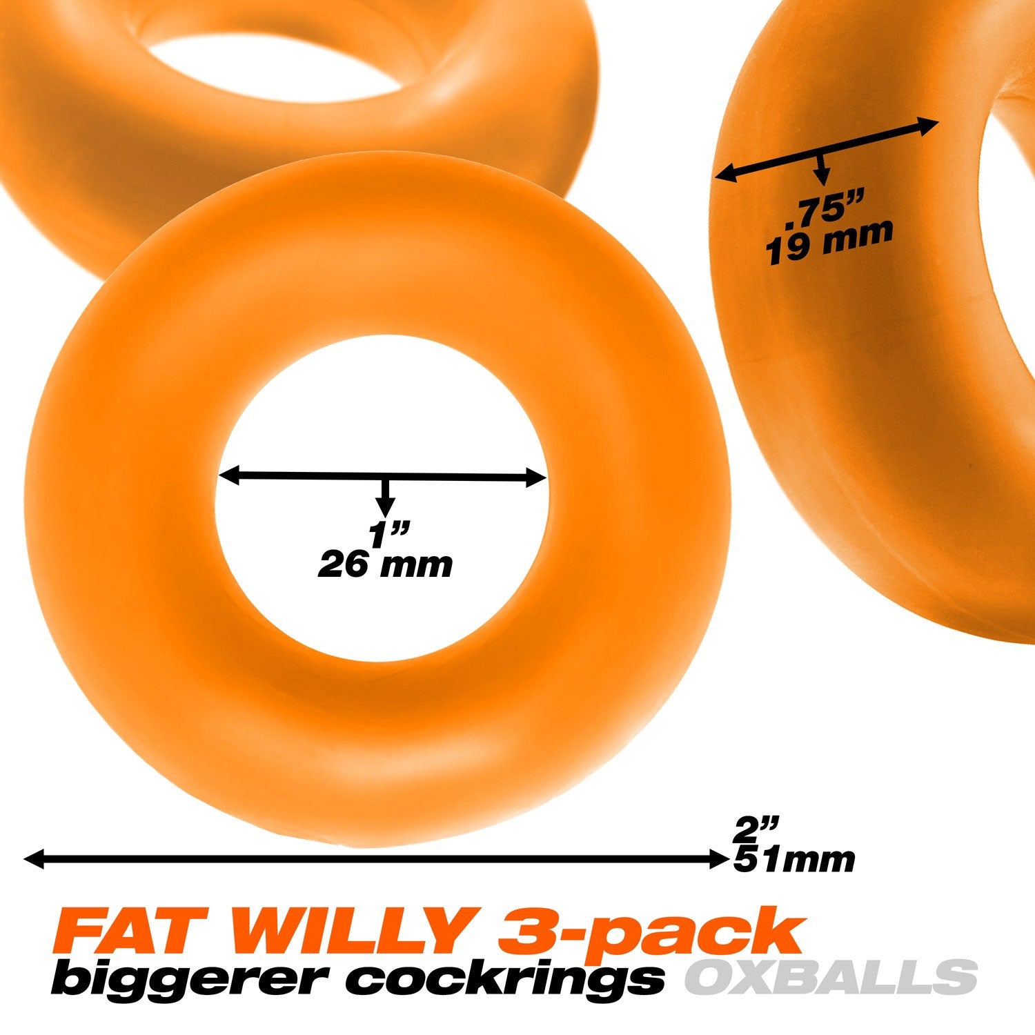 Fat Willy 3 Pc Jumbo Cockrings Orange Orange One Size COCK RING Set