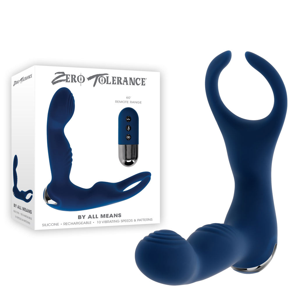 Zero Tolerance By All Means – USB Rechargeable Remote-Controlled 13.4 cm Prostate Massager with Cock Ring Blue > Anal Range > Prostate Plugs Main image
