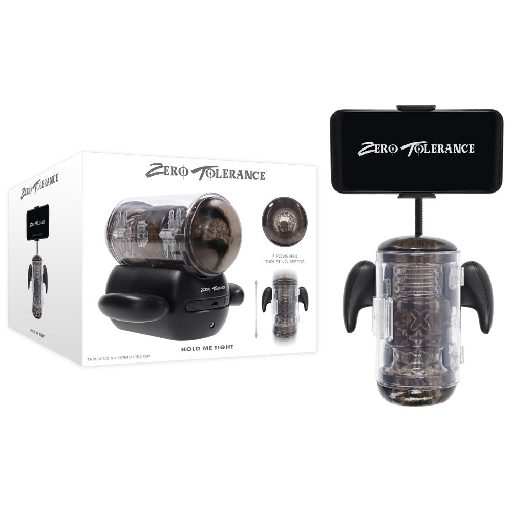 Zero Tolerance Hold Me Tight – USB Rechargeable Vibrating Heated Auto Stroker with Phone Holder Black > Sex Toys For Men > Masturbators Premium Main image