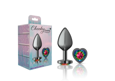 Cheeky Charms Gunmetal Medium Butt Plug with Heart Rainbow Jewel Multi > Anal Range > Jewel Butt Plugs