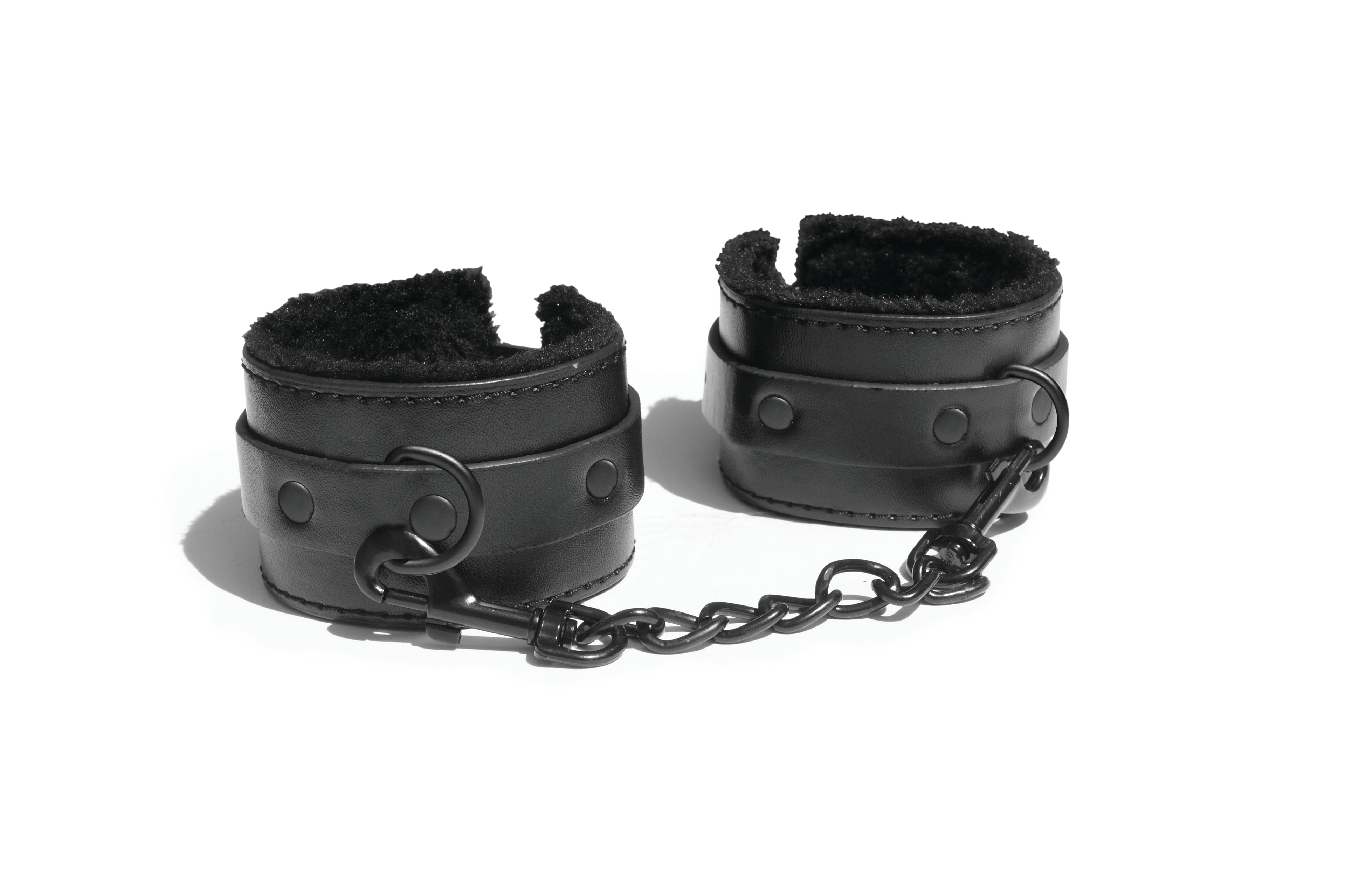 Sex & Mischief Shadow Fur Handcuffs - Black Vegan Leather > Bondage Gear > Restraints