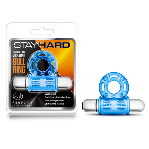 Stay Hard 10 Function Vibrating Bull Ring Blue Cock Rings Vibrating