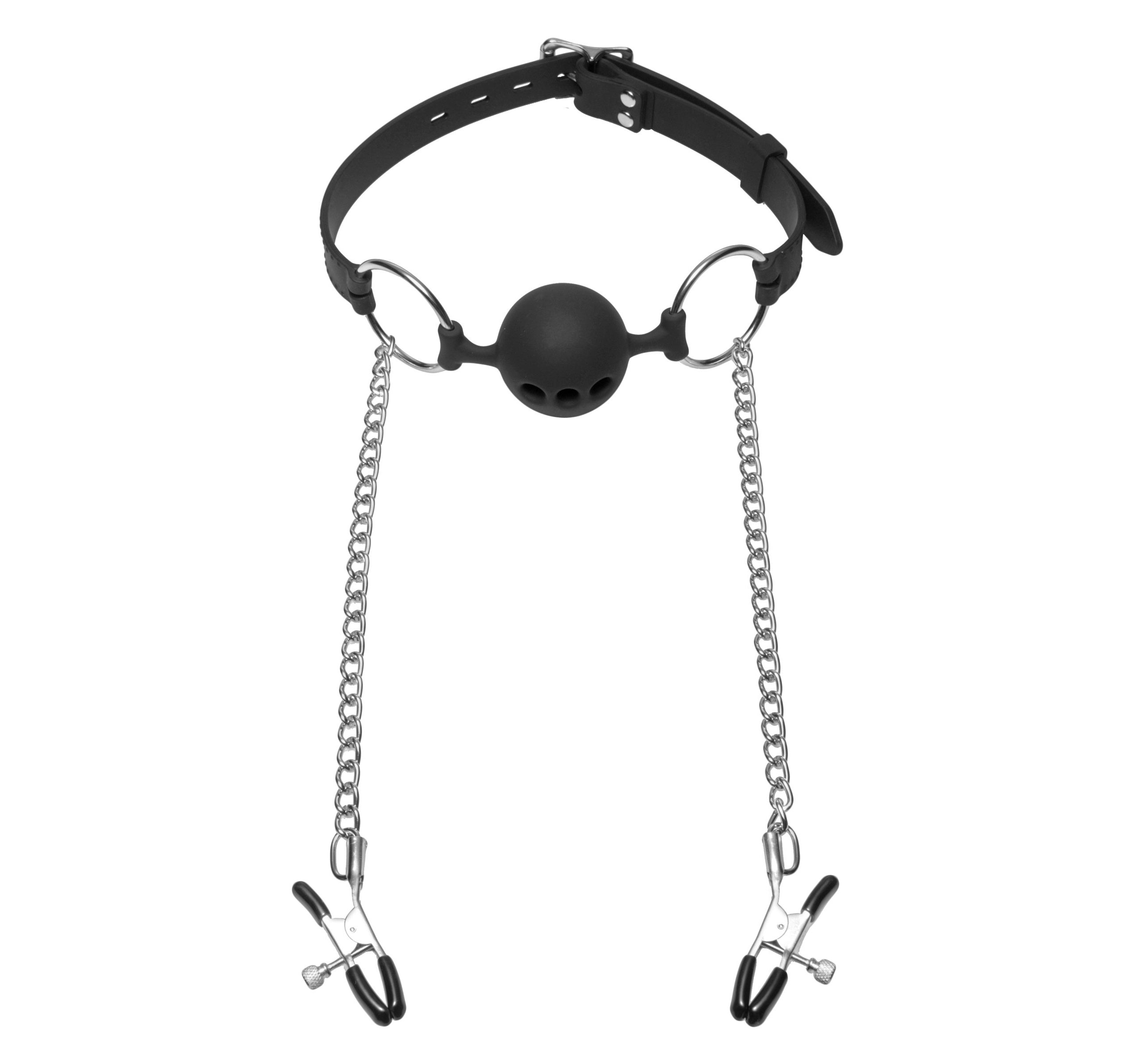 Master Series Hinder Breathable Silicone Ball Gag With Nipple Clamps Main image