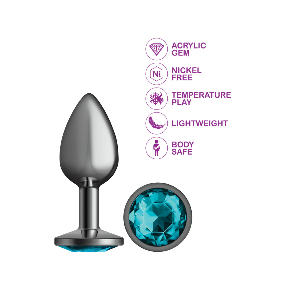 Cheeky Charms Gunmetal Round Butt Plug with Teal Jewel Large > Anal Range > Jewel Butt Plugs