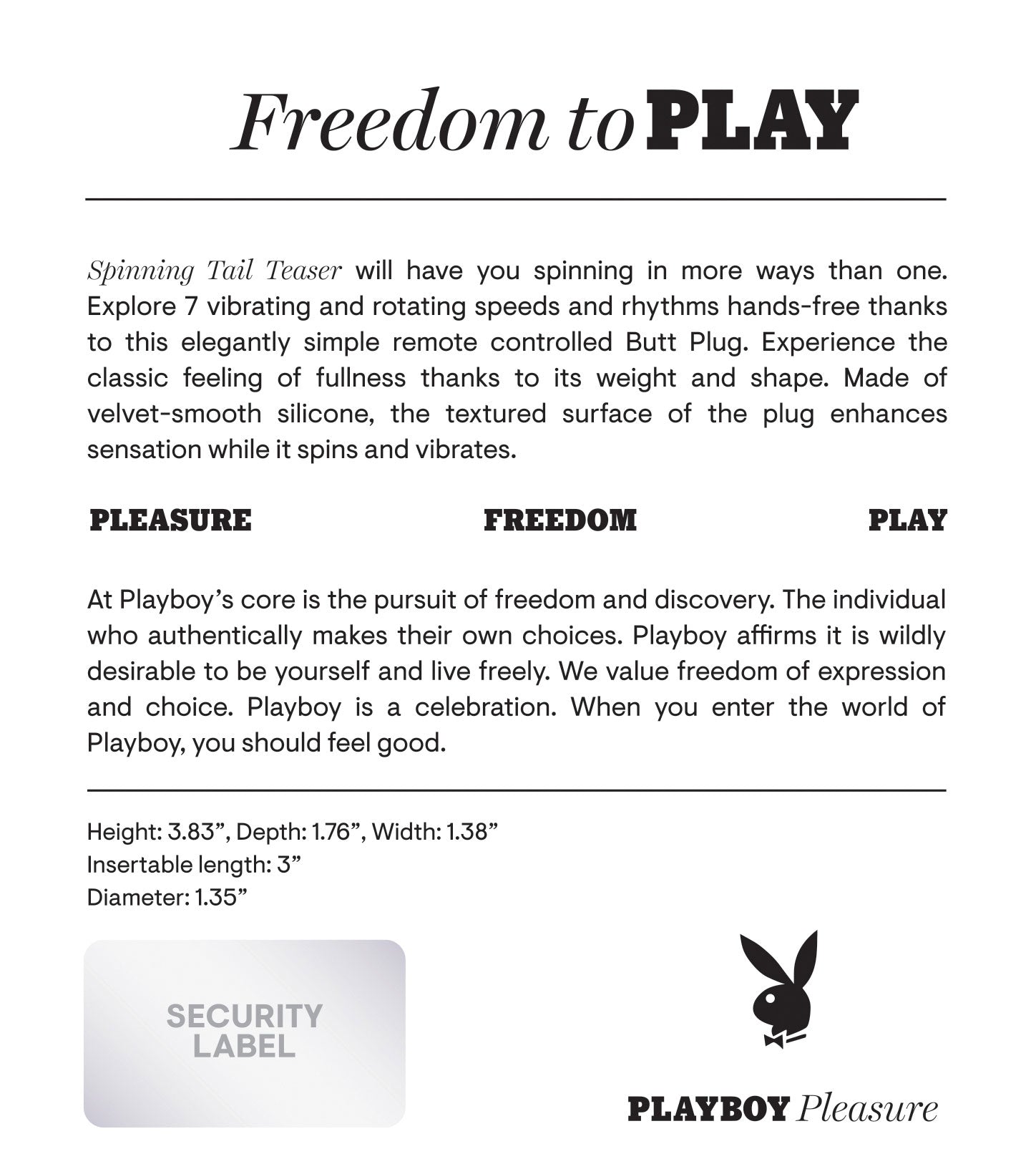 Playboy Pleasure SPINNING TAIL TEASER Remote Butt Plug Blue > Anal Range > Vibrating Butt Plugs