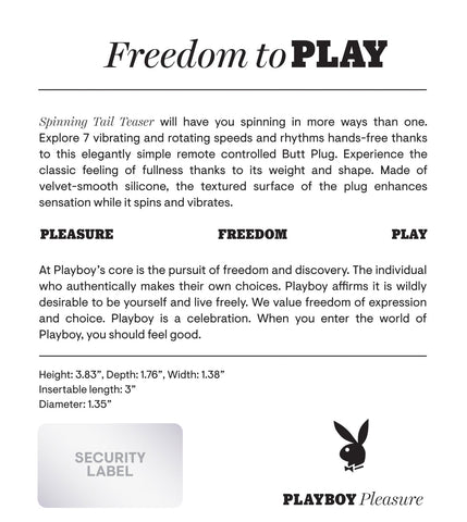 Playboy Pleasure SPINNING TAIL TEASER Remote Butt Plug Blue > Anal Range > Vibrating Butt Plugs