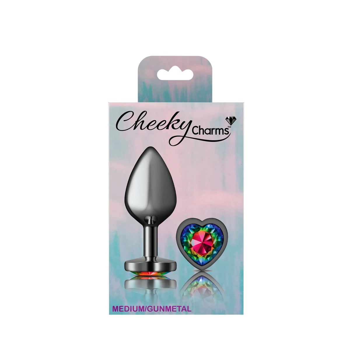 Cheeky Charms Gunmetal Medium Butt Plug with Heart Rainbow Jewel > Anal Range > Jewel Butt Plugs