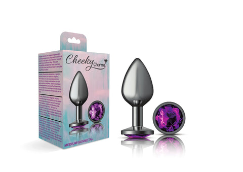 Cheeky Charms Gunmetal Round Butt Plug with Purple Jewel Medium Purple > Anal Range > Jewel Butt Plugs