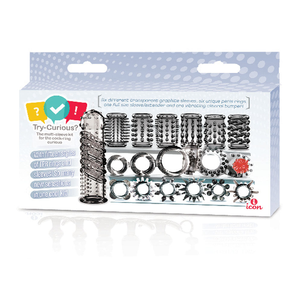 Try-Curious Cock Ring and Sleeve Set Clear – 15 Piece TPR Cock Ring and Sleeve Kit > Cock Ring > Sets