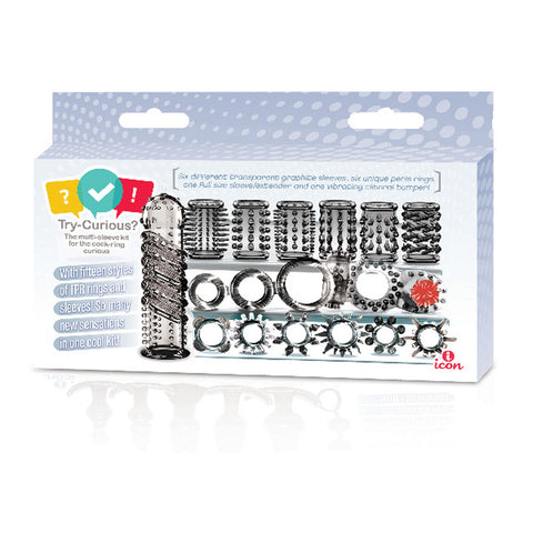 Try-Curious Cock Ring and Sleeve Set Clear – 15 Piece TPR Cock Ring and Sleeve Kit > Cock Ring > Sets