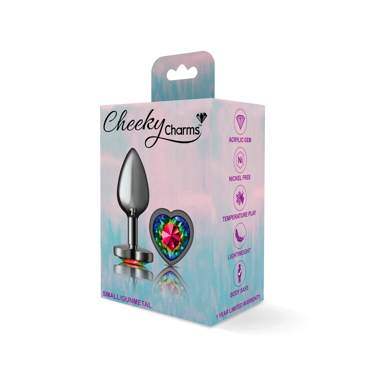 Cheeky Charms Gunmetal Butt Plug with Heart Rainbow Jewel Small > Anal Range > Jewel Butt Plugs