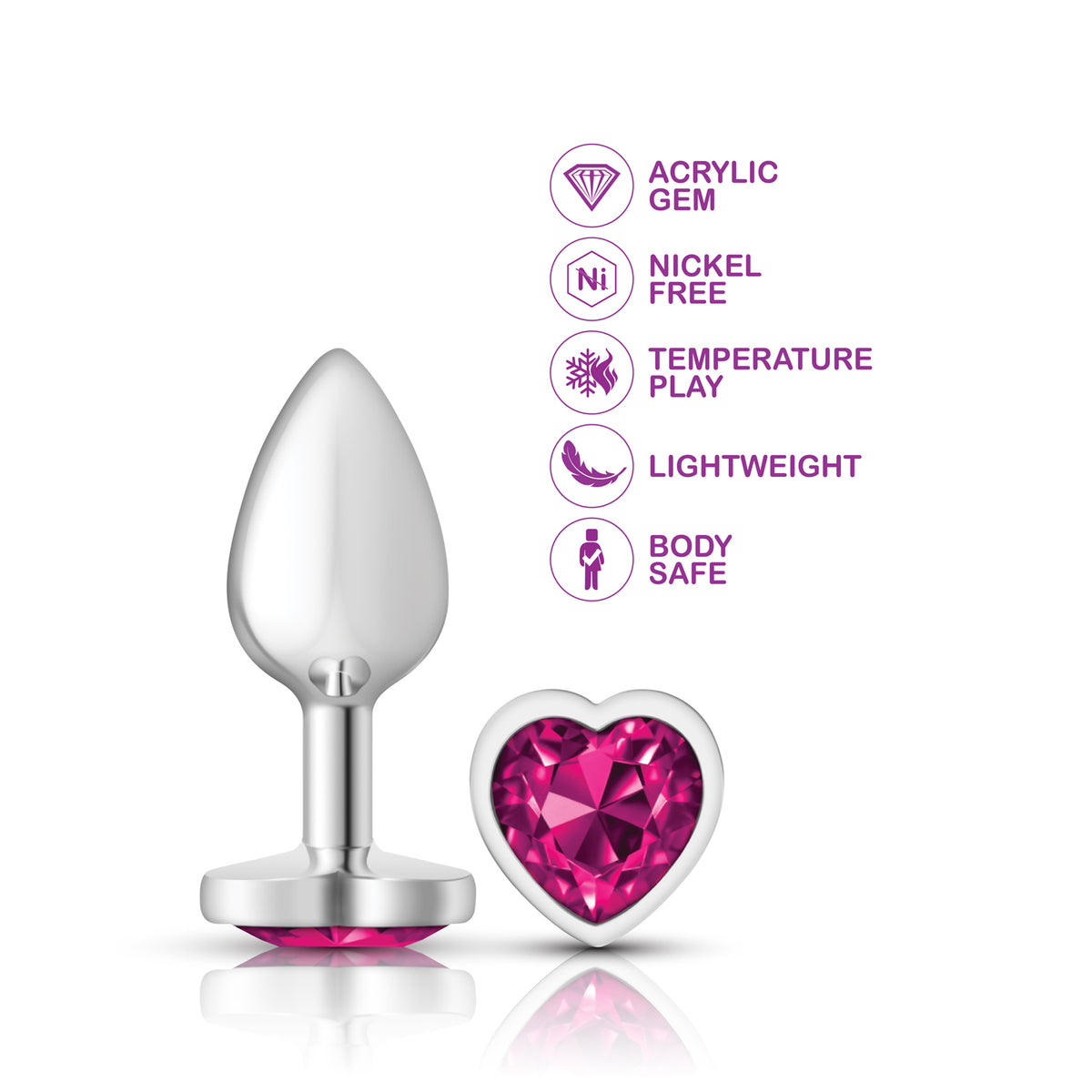 Cheeky Charms Silver Metal Butt Plug with Heart Pink Jewel Medium (8.03cm) > Anal Range > Jewel Butt Plugs