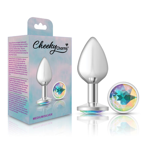 Cheeky Charms Silver Round Butt Plug with Clear Iridescent Jewel Medium > Anal Range > Jewel Butt Plugs