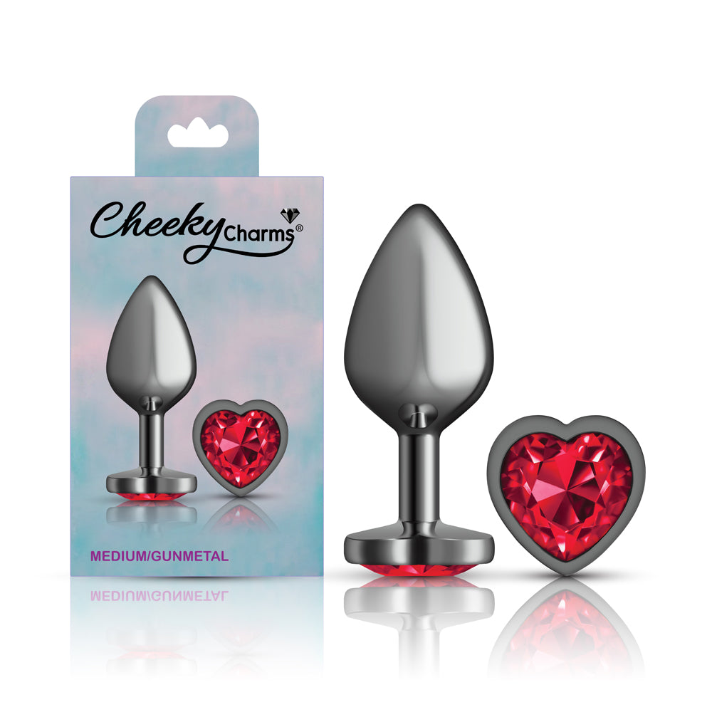 Cheeky Charms Gunmetal Butt Plug with Heart Red Jewel Medium > Anal Range > Jewel Butt Plugs