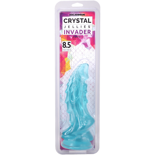 Crystal Jellies Mythical Invader 8.5 Inch Suction Cup Dildo Teal in packaging