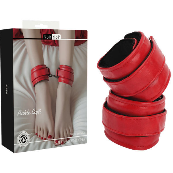 Noir Padded Vegan Polyurethane Faux Leather Ankle Cuffs - Red Secondary image