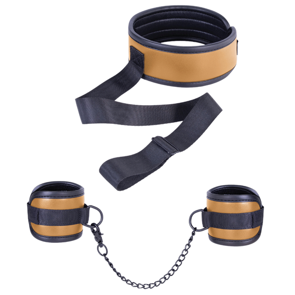 Adjustable Brown Collar with Handcuffs – Velcro Lock, Webbing Strap, 22.4cm Chain > Bondage Gear > Restraints