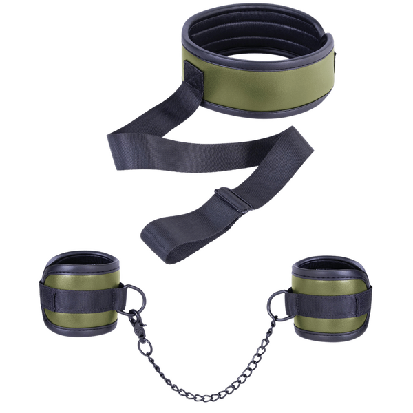 Adjustable Brown Collar with Handcuffs – Velcro Lock, Webbing Strap, 22.4cm Chain > Bondage Gear > Restraints