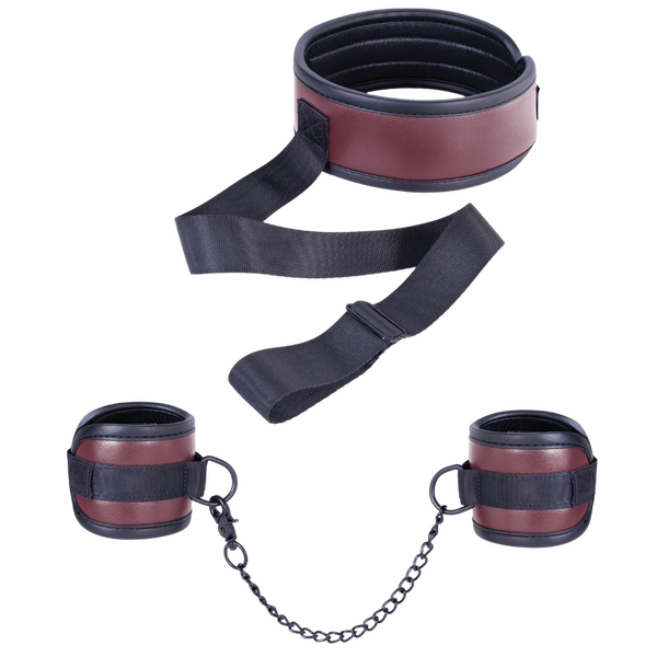 Adjustable Collar with Handcuffs – Velcro Lock, Webbing Strap, 22.4cm Chain Red > Bondage Gear > Restraints