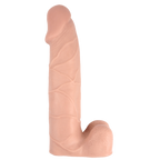 A realistic flesh-toned dildo with textured detailing, shown against a solid white background.
