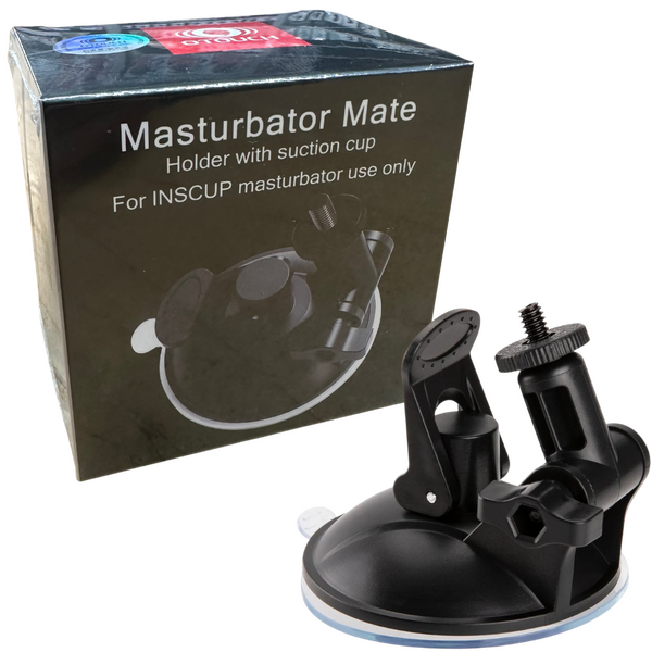 Masturbator Mate holder with suction cup in front of its packaging