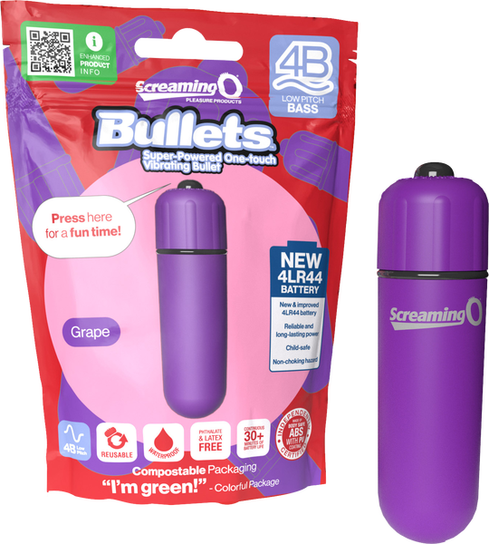 Screaming O Bullets 4B Low Pitch Bass – Compact Silky Vibrator with Powerful Motor and Long-Lasting Batteries Grape > Vibrators > Mini Vibrators